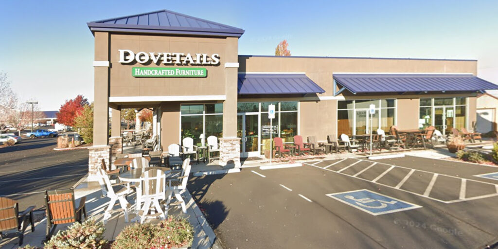 Dovetails Handcrafted Furniture storefront in Bend, Oregon with outdoor seating